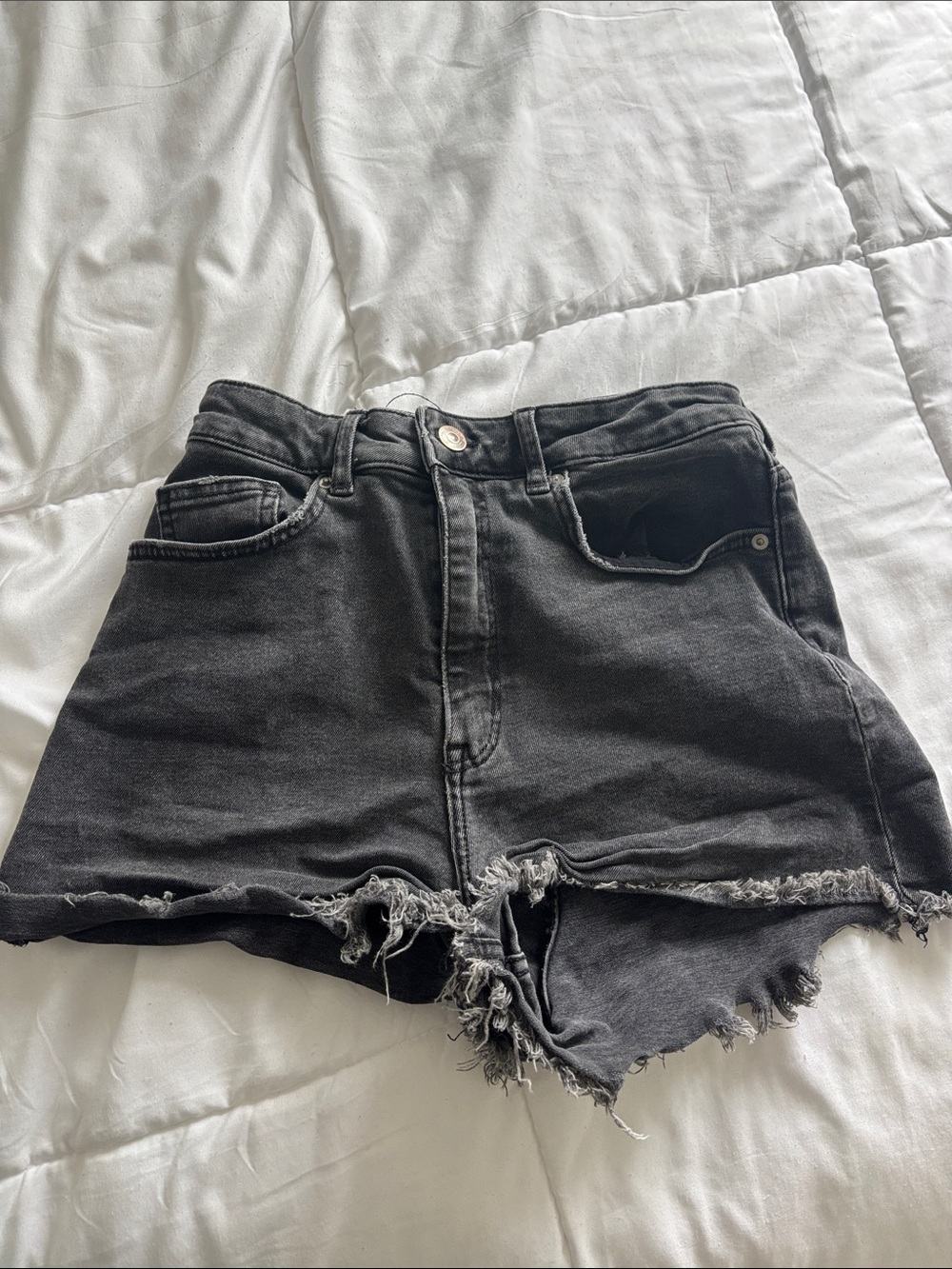 H&M Black Distressed High-Waist Denim Shorts